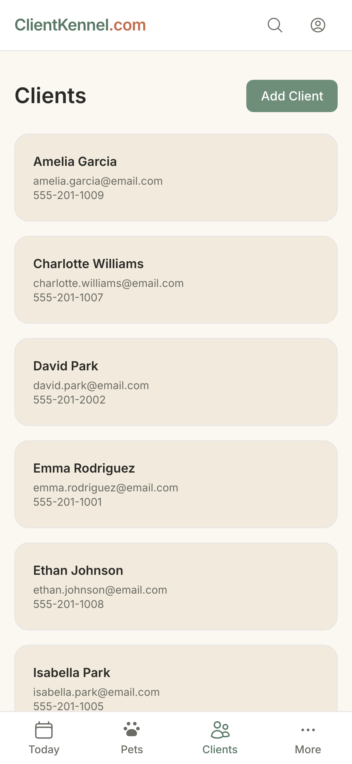 ClientKennel client list on a phone