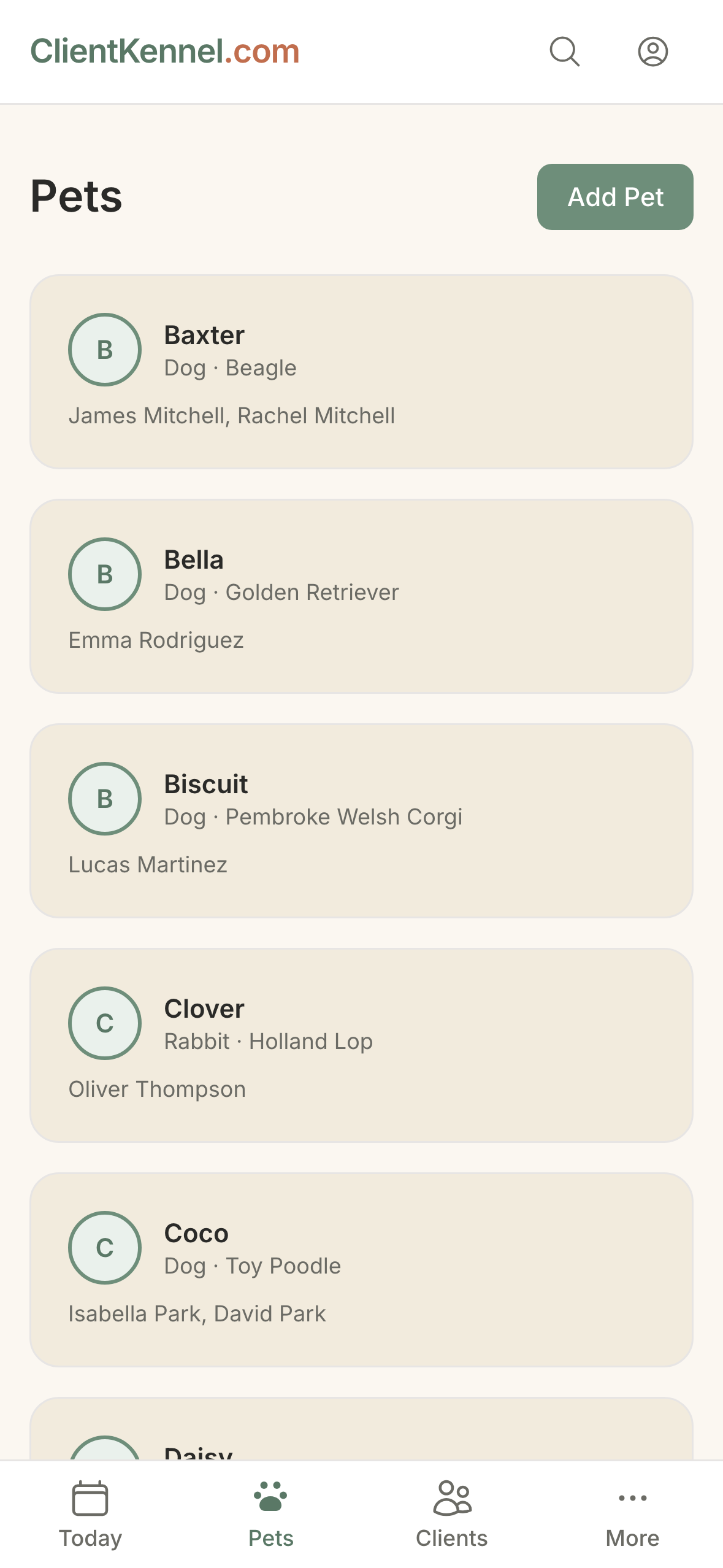 ClientKennel pet roster on a phone